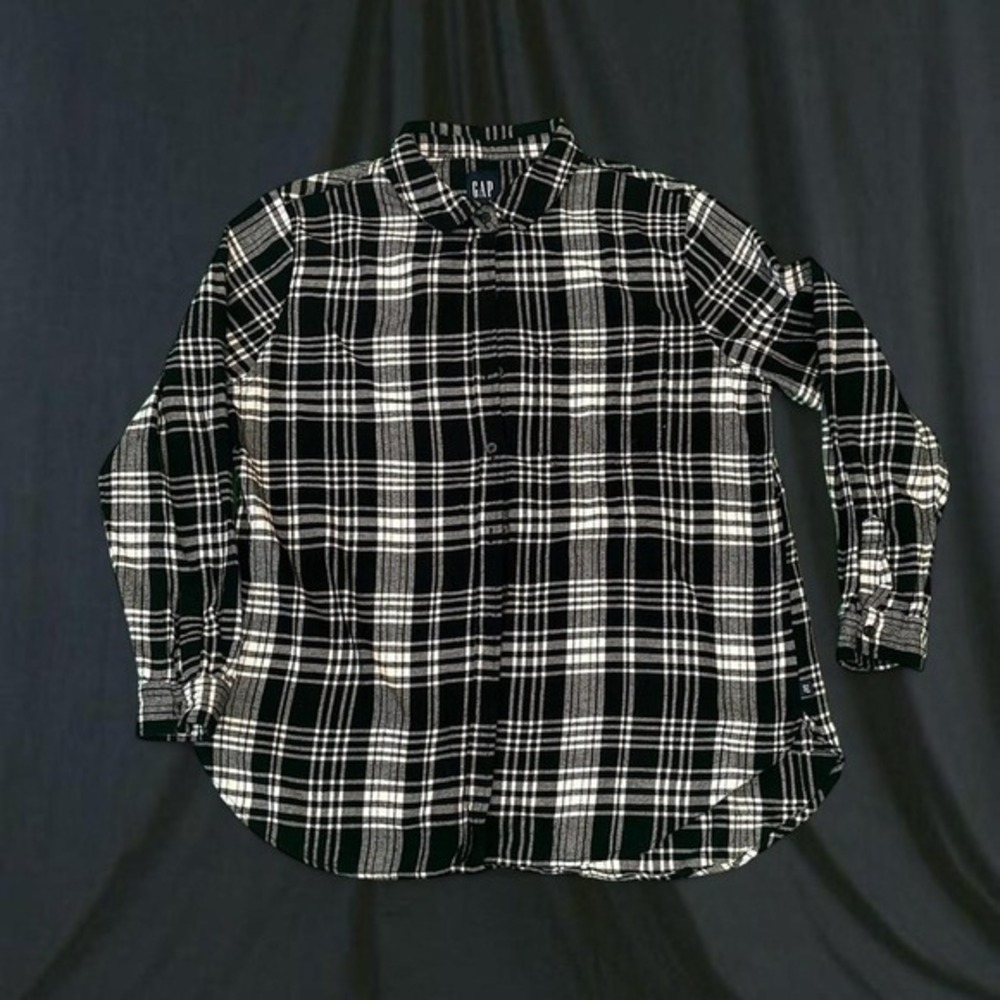Gap Black White Plaid Flannel Button Down Shirt Long Sleeve Cotton Checkered